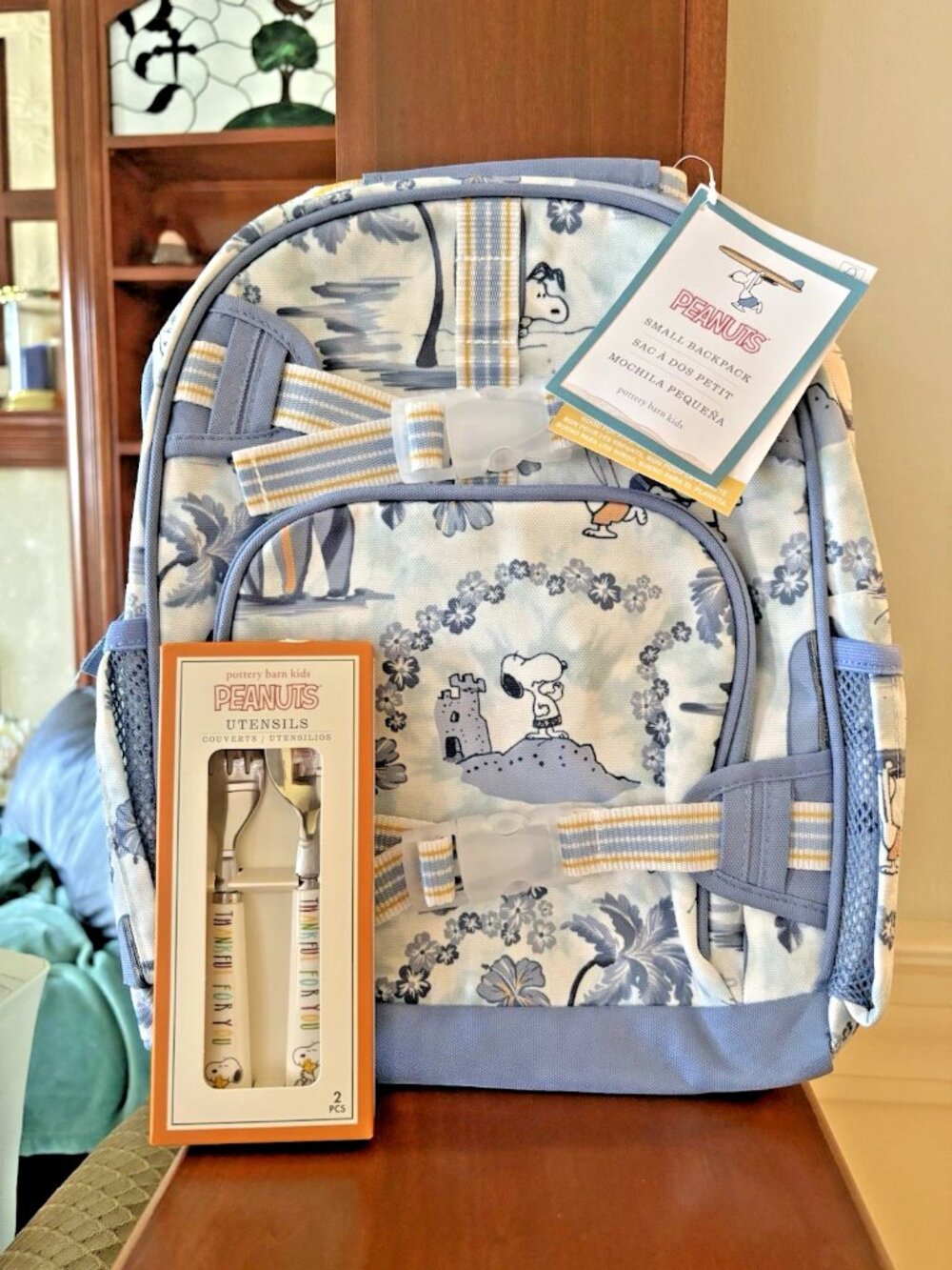 SNOOPY POTTERY BARN Backpack + Utensil Set holiday TRAVEL KID Peanuts gift NEW